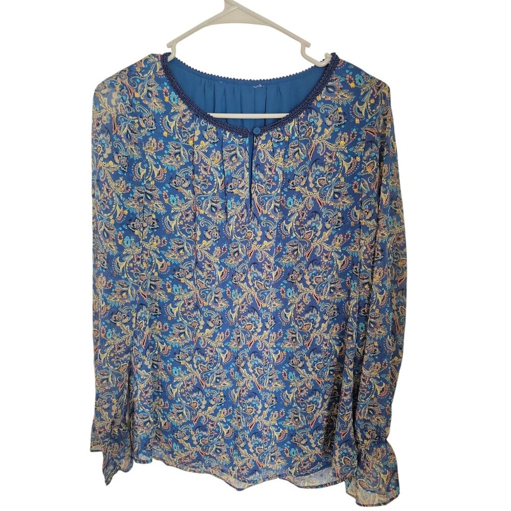Daniel Rainn Women's Blue Gold Floral Paisley Top Blouse with Gold Shimmer